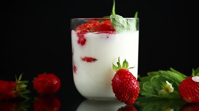 Fresh strawberry yogurt dessert with floating berries on black background