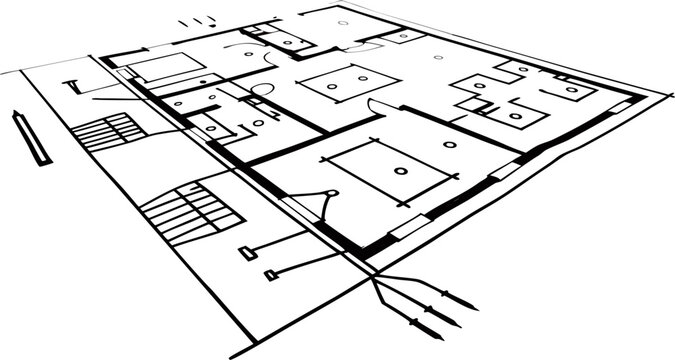 Isometric architectural floor plan with electrical wiring symbols