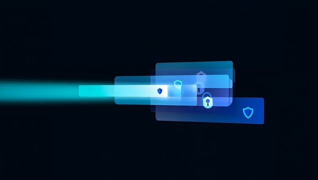 Futuristic digital security concept with glowing shield lock icons in transparent layers