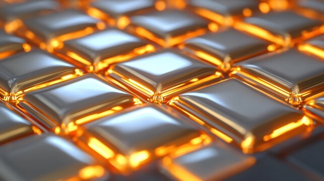 Close-up perspective of many gleaming gold bars arranged in a geometric pattern with intense orange illumination