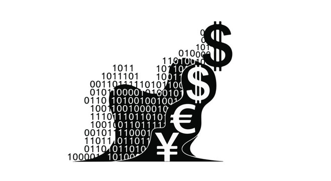 Cryptocurrency and currency symbols made of binary code