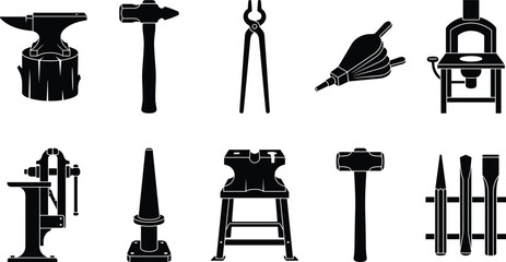 Obraz premium Collection of blacksmith and metalworking tool silhouettes featuring anvils, hammers, tongs, clamps, forges, and workshop equipment