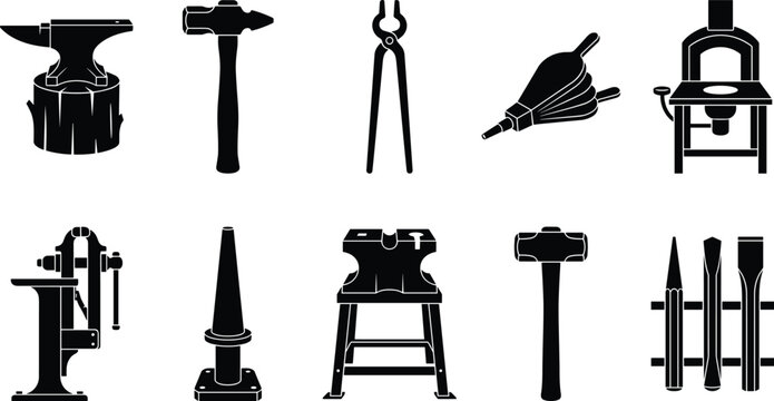 Collection of blacksmith and metalworking tool silhouettes featuring anvils, hammers, tongs, clamps, forges, and workshop equipment