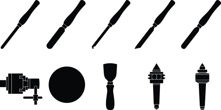 Collection of hand tool silhouettes featuring pliers, clamps, calipers, cutters, scales, labels, and workshop accessories