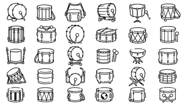 Percussion drum line icon set. Kettle drum, bongo, djembe, barrel drum and music instrument outline vector illustrations. Signs on white background