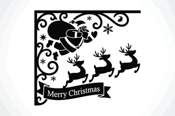 Fototapeta premium Christmas corner frame vector illustration featuring silhouette Santa Claus flying with reindeer snowflakes and a merry Christmas ribbon banner