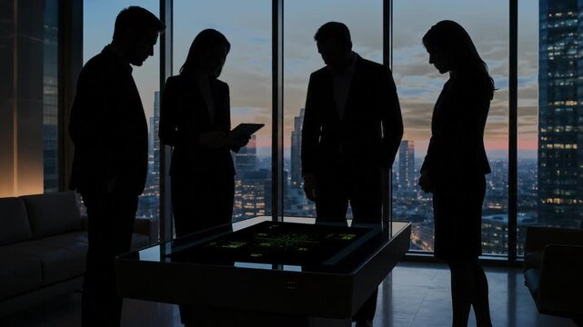 Businesspeople looking at a touchscreen coffee table