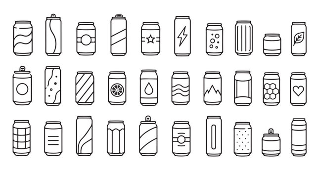 Beverage container line icon set. Cans, bottles, cartons, jars, drink packs and liquid packaging outline vector illustrations. Symbols on white background.