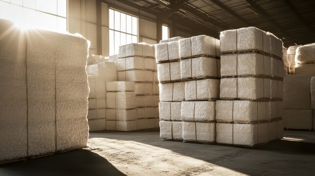 Vast stacks of excess packaging materials neatly organized within a sunlit warehouse, illustrating large-scale consumption and industrial logistics.
