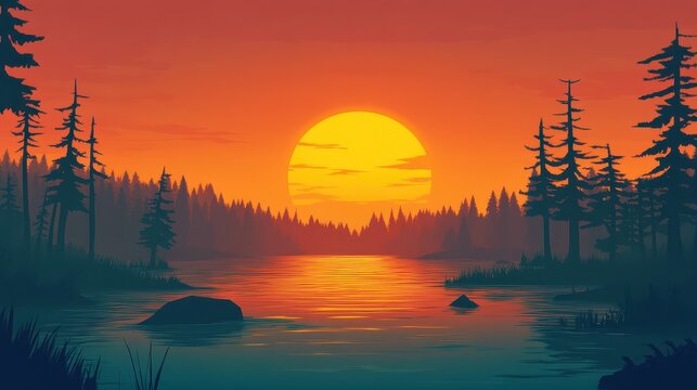 Vibrant sunset illuminating a serene lake with silhouetted pine trees along the shore