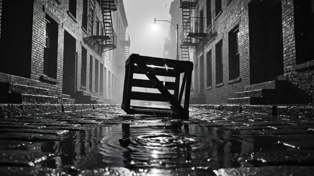 Rainy alleyway scene with wooden crate in black and white, dramatic and atmospheric, water reflection