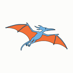 Flying orange cartoon pterodactyl dinosaur character in side profile isolated on white background for prehistoric theme design © Md