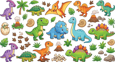 Obraz premium Cute Cartoon Baby Dinosaur Set with T-Rex Triceratops Brachiosaurus Stegosaurus and Pterodactyl in Prehistoric Scene Vector Illustration