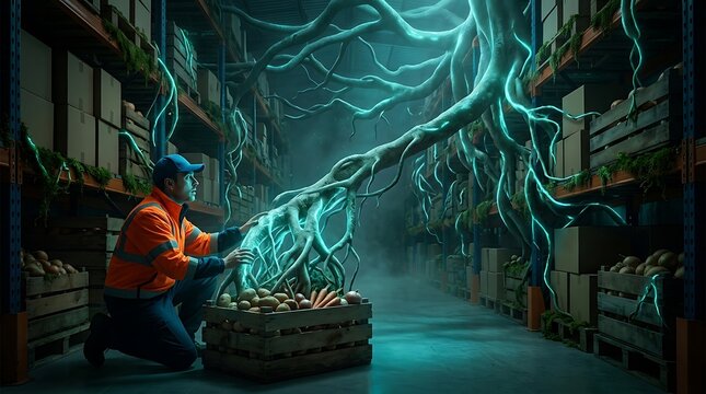Warehouse worker discovering mysterious glowing magical tree roots invading vegetable crates