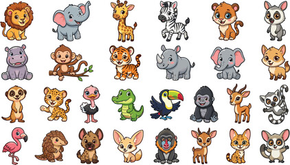 Fototapeta premium Cute Cartoon Safari and Jungle Wild Animal Set with Lion Elephant Giraffe Tiger Zebra and Monkey Vector Illustration