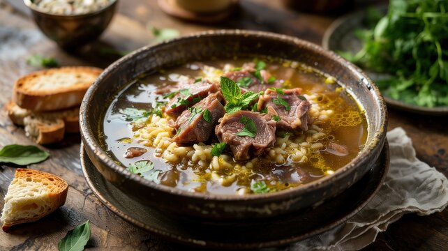 Egyptian cuisine. One of the most traditional and satisfying first courses of Egyptian cuisine is Shorbat Lisan al&mdash;Asfour, that is, meat soup with fine orzo paste (kritsaraki).