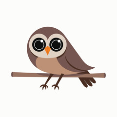 Obraz premium Cute brown cartoon owl perched horizontally on a simple brown branch with large eyes and wings