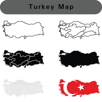 Turkey Map Vector Set. Outline, Scribble, Solid Silhouette, Gray Shape and Turkish Flag Map Collection Isolated on White Background