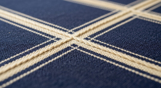 Close-up abstract macro photograph of textured navy blue fabric with intersecting cream-colored yarn stitching creating a bold plaid pattern, showcasing intricate detail and tactile quality.