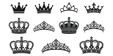 Set of black royal crowns and elegant tiaras for king queen and princess icons © md
