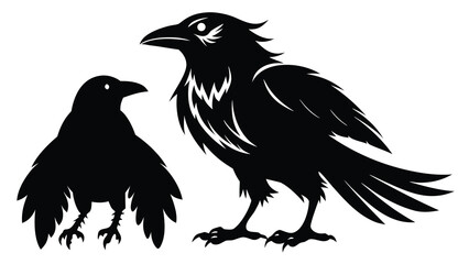 Obraz premium Two black raven silhouettes standing against a white background in a minimalist graphic style