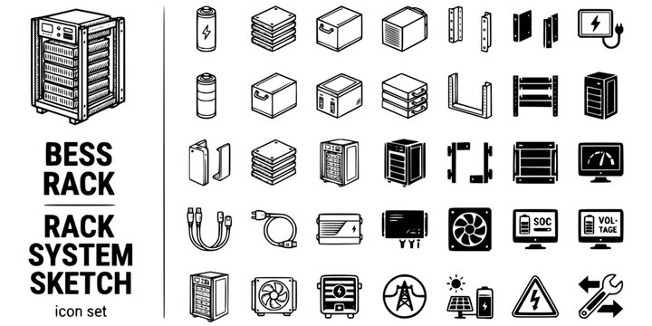 BESS Battery Rack System Sketch Black White-Cell Stack Module Mount Housing-Storage Vector-BESS Icon Sketch-Battery Storage Design Set