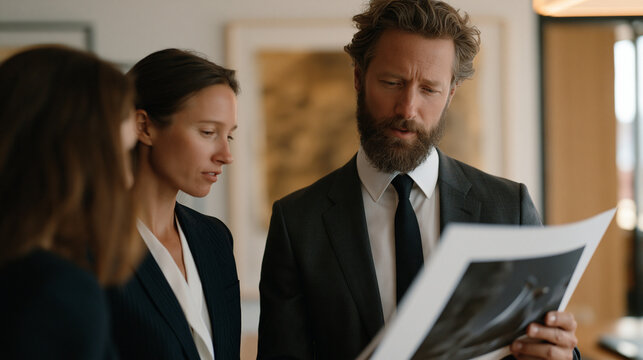 Art director presenting AI-generated campaign imagery to client who insists on human photographer, both holding printed versions side by side comparing quality and emotional
