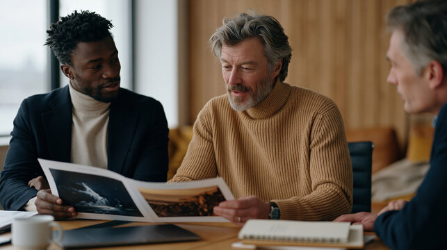 Art director presenting AI-generated campaign imagery to client who insists on human photographer, both holding printed versions side by side comparing quality and emotional