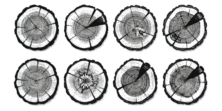 Set of hand drawn tree rings wood slice illustrations in black and white sketch style