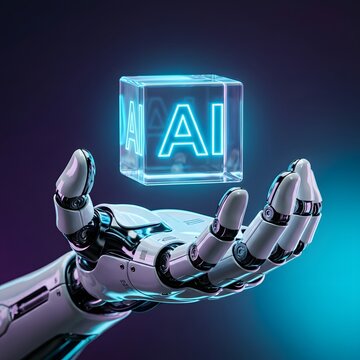 Robotic hand holding glowing blue AI cube technology concept