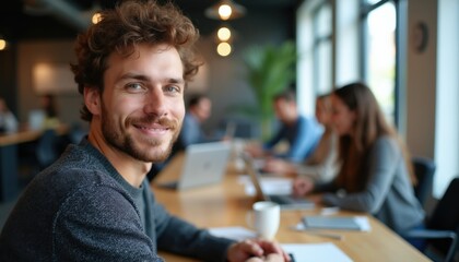 Obraz premium Young man with curly hair smiles in a modern office. Colleagues work at tables with laptops in background. Team collaborates on project in bright open space.