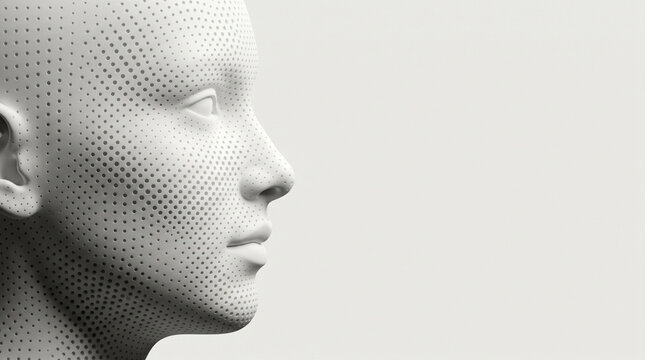 Minimalist cyborg face profile on white background for AI concept