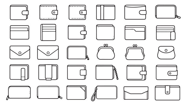 Payment wallet line icon set. Cash purse, card holder, envelope, billfold and money case outline vector illustrations. Symbols for banking on white background