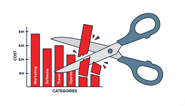 A pair of scissors cutting a red bar on a cost breakdown chart, symbolizing expense reduction and financial cuts.