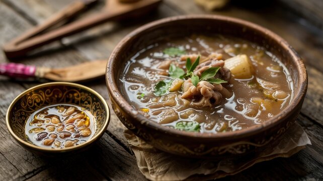 Egyptian cuisine. One of the most famous and revered delicacies of Egyptian cuisine is Shorbat Kawareh, that is, a rich, thick soup-broth made from beef or lamb legs.