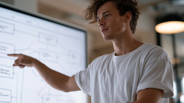 Software architect connecting segmented network node clusters on a backlit digital planning board in a startup industrial loft, each cluster representing a business unit,
