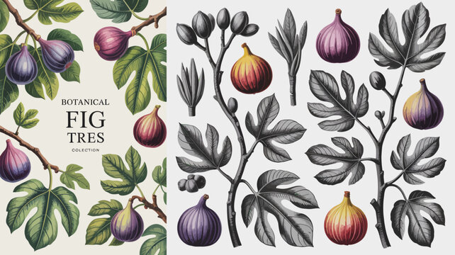 Botanical fig trees illustration showcases detailed depictions of fruit and foliage in a vintage style tree figs ficus leaves antique