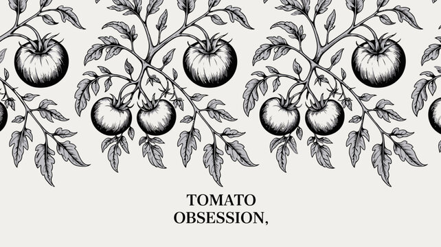 Tomato vine and fruit illustration a detailed black and white botanical vector pattern for backgrounds tomatoes plant vegetable produce graphic