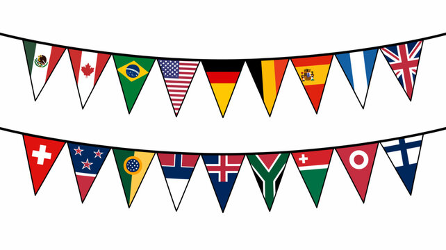 International pennant bunting displays a collection of national flags on a white background country pennants triangular flag garland global multicultural