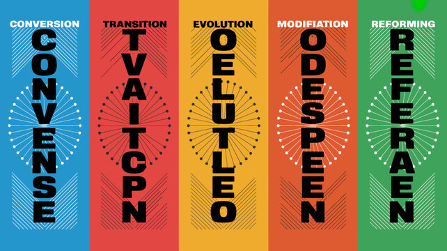 Five vertical panels displaying bold typography with radiating dot patterns in vibrant colors text letters words conversion transition evolution modification
