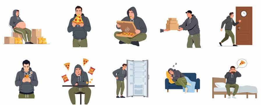 Set of illustrations depicting a man with an unhealthy lifestyle, junk food addiction, binge eating, and sedentary habits.
