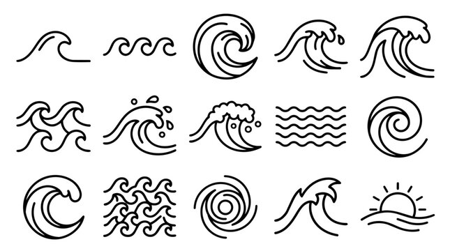 Set of Various Ocean Waves Line Icons