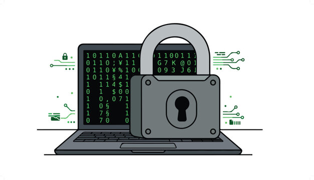 A laptop displaying binary code and digital data with a large grey padlock in front, symbolizing digital security and data protection.