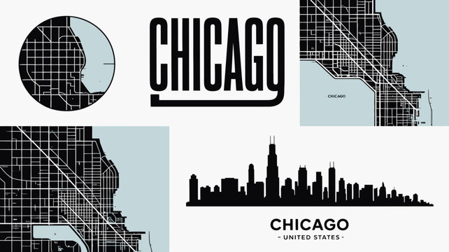 Chicago city maps and skyline illustration in black and white showcasing urban planning and geographical representation map plan street network