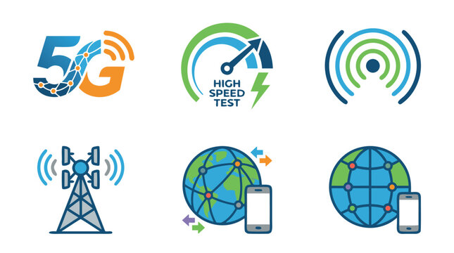 Professional vector icon collection of 5G wireless technology showcasing high speed internet speed test gauges, cellular signal waves, and telecommunication mobile network towers on white background.