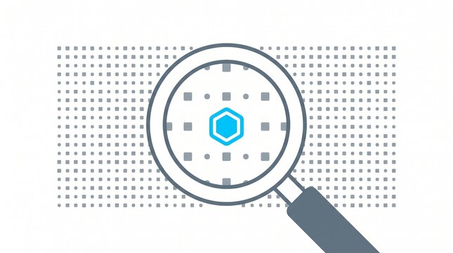 Minimalist flat vector illustration of a magnifying glass focusing on a unique blue hexagon among a grid of grey dots representing anomaly detection