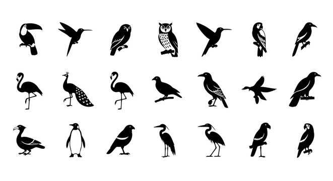 Collection of black silhouettes of various bird species including parrots flamingos owls hummingbirds and herons set against a white background emphasizing diverse bird shapes
