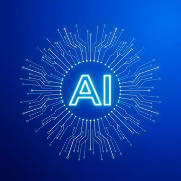Artificial intelligence glowing blue circuit board with AI text in the center