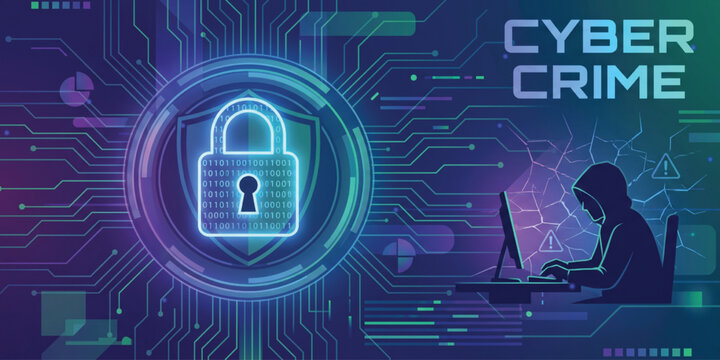 Cyber crime concept illustrated with hooded hacker silhouette attacking network infrastructure and glowing digital padlock.
