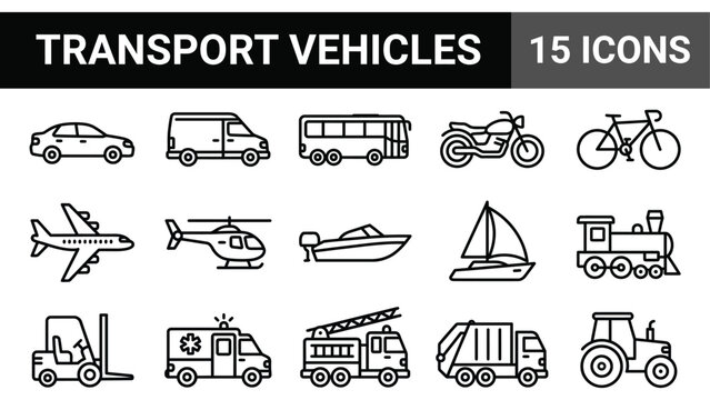 Collection of Transport Vehicle Icons: Car, Van, Bus, Motorcycle, Bicycle, Plane, Helicopter, Boat, Sailboat, Train, Forklift, Ambulance, Fire Truc...